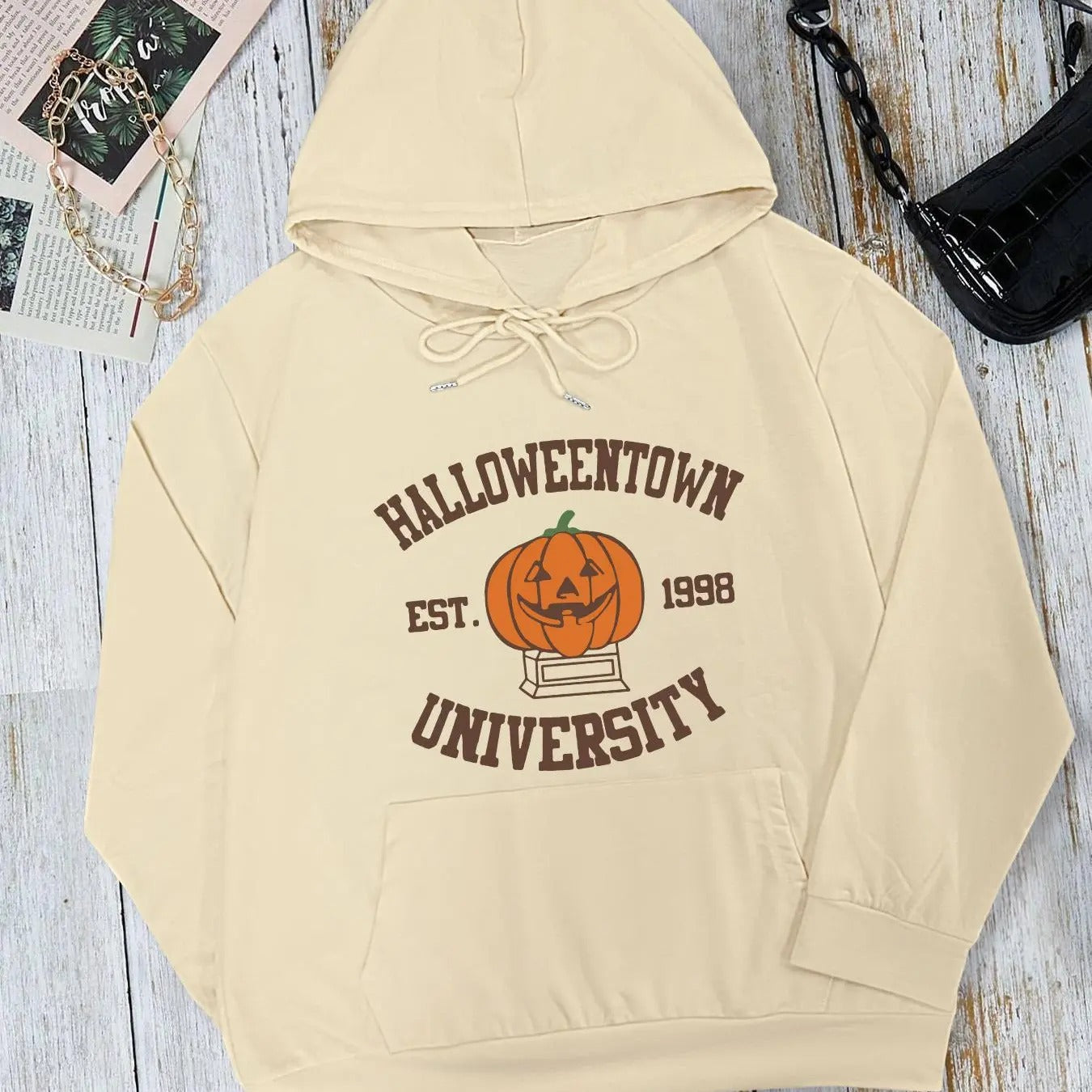Letter & Pumpkin Print Drop Shoulder Halloween Casual Drawstring Pocket Hooded Daily Outdoor Fall & Winter T-Shirts, Hoodie, Sweatshirt - T-Shirt, Sweatshirt, Hoodie