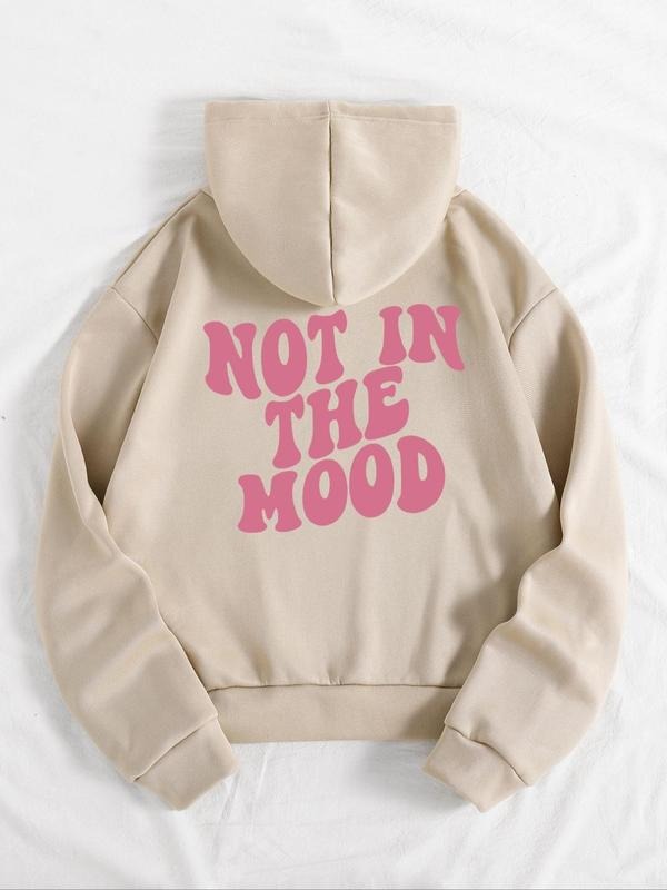 "NOT MOOD" Print Pocket Drawstring Zip Up Y2K Vintage Letter Print Long Sleeve Zipper Hooded Outerwear Casual Top Fall & Winter T-Shirts, Hoodie, Sweatshirt - T-Shirt, Sweatshirt, Hoodie