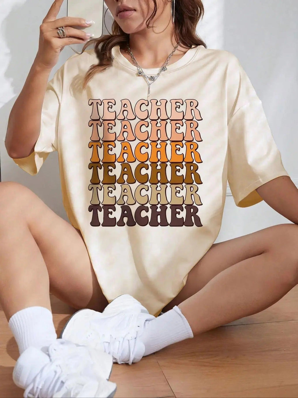 "TEACHER" Letter Print Drop Shoulder Casual Half Sleeve Round Neck Summer Top Daily T-Shirts, Hoodie, Sweatshirt - T-Shirt, Sweatshirt, Hoodie
