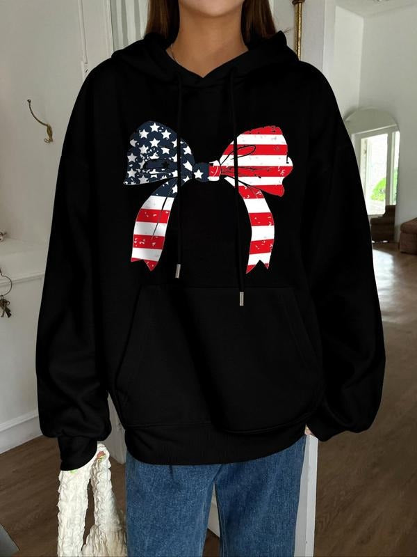 American Flag Bowknot Print Thermal Lined Casual Drawstring Pocket Hooded Daily Outdoor Fall & Winter T-Shirts, Hoodie, Sweatshirt - T-Shirt, Sweatshirt, Hoodie