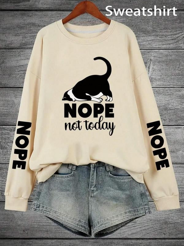 Animal & Letter Print Drop Shoulder Thermal Lined Casual Long Sleeve Round Neck Fall & Winter Clothes Daily T-Shirts, Hoodie, Sweatshirt - T-Shirt, Sweatshirt, Hoodie