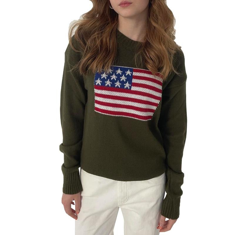 Autumn Loose Knit Tops America Flag Print Long Sleeve Round Neck Knitwear Womenswear Navy T-Shirts, Hoodie, Sweatshirt - T-Shirt, Sweatshirt, Hoodie