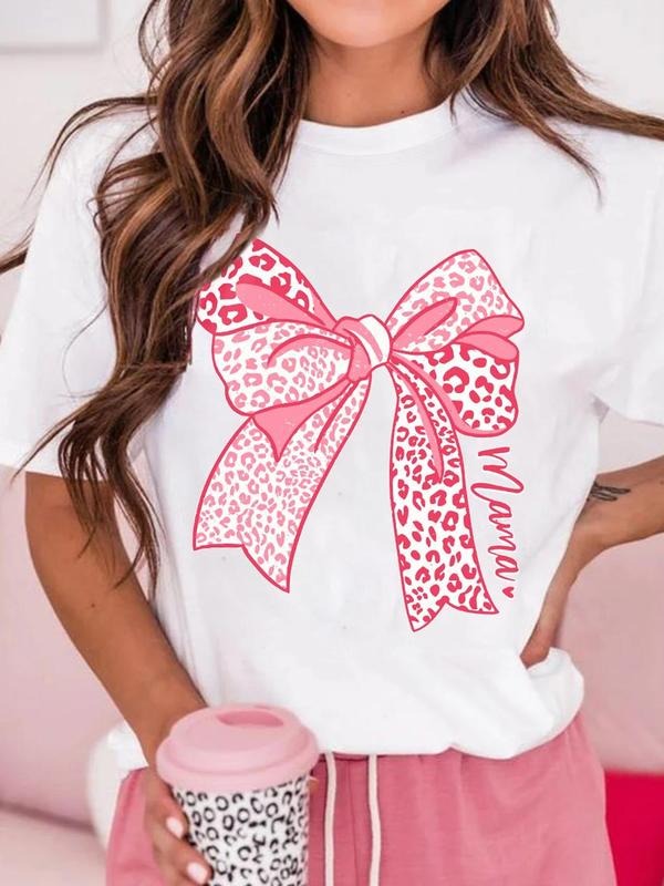 Bow & Leopard Print Round Neck Casual Short Sleeve Daily Summer T-Shirts, Hoodie, Sweatshirt - T-Shirt, Sweatshirt, Hoodie