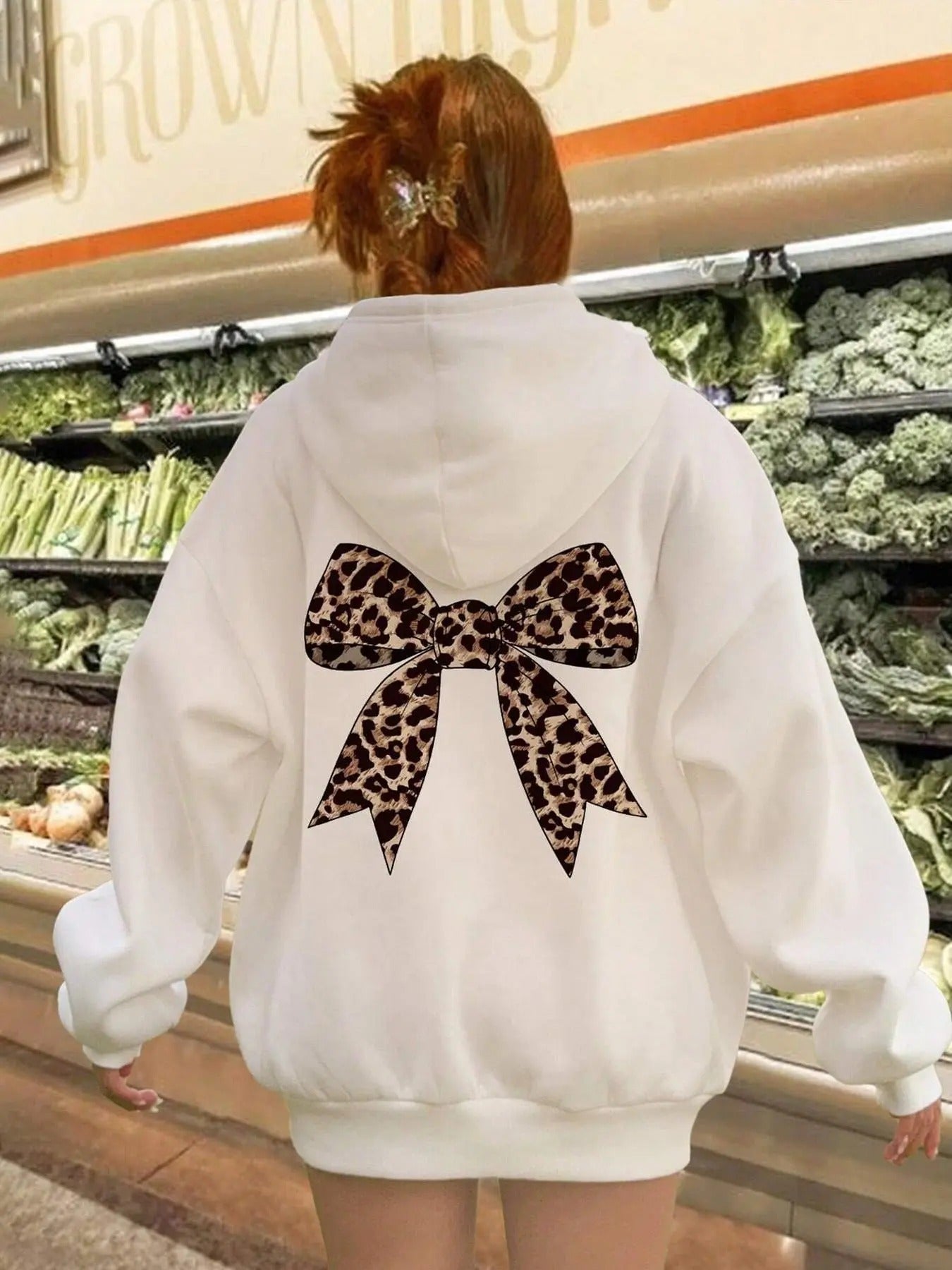 Bow Print Drop Shoulder Casual Drawstring Pocket Hooded Daily Outdoor Clothes All Seasons T-Shirts, Hoodie, Sweatshirt - T-Shirt, Sweatshirt, Hoodie