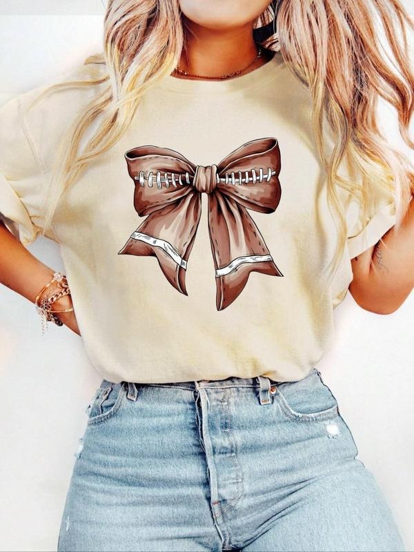 Bowknot Print Round Neck Casual Short Sleeve Summer Clothes Daily T-Shirts, Hoodie, Sweatshirt - T-Shirt, Sweatshirt, Hoodie