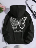 Butterfly & Floral Print Drop Shoulder Casual Drawstring Pocket Hooded Daily Outdoor Clothes Fall & Winter T-Shirts, Hoodie, Sweatshirt - T-Shirt, Sweatshirt, Hoodie