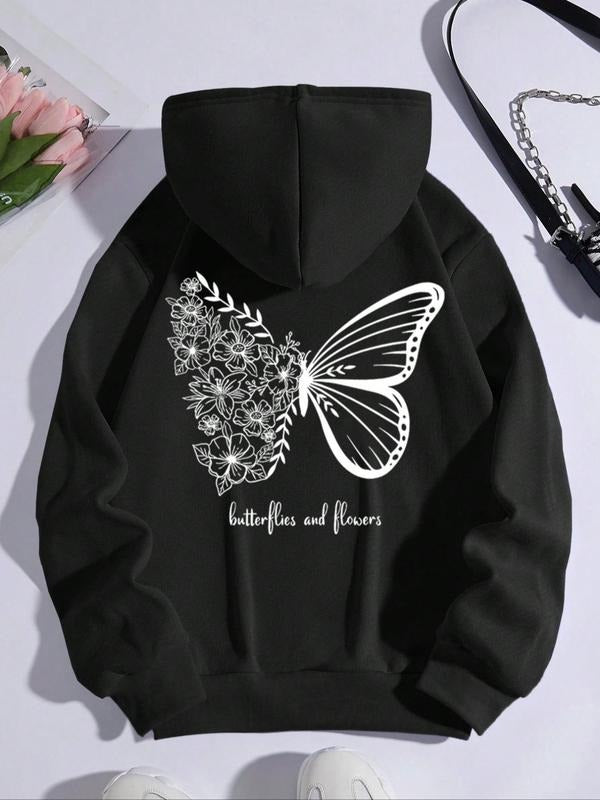 Butterfly & Floral Print Drop Shoulder Casual Drawstring Pocket Hooded Daily Outdoor Clothes Fall & Winter T-Shirts, Hoodie, Sweatshirt - T-Shirt, Sweatshirt, Hoodie