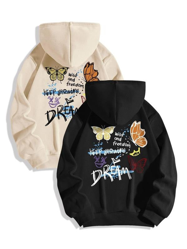 Butterfly & Letter Print Drop Shoulder Casual Drawstring Pocket Hooded Daily Outdoor Clothes Fall Winter T-Shirts, Hoodie, Sweatshirt - T-Shirt, Sweatshirt, Hoodie