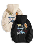 Butterfly & Letter Print Drop Shoulder Casual Drawstring Pocket Hooded Daily Outdoor Clothes Fall Winter T-Shirts, Hoodie, Sweatshirt - T-Shirt, Sweatshirt, Hoodie