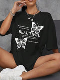 Butterfly & Letter Print Round Neck Vintage Casual Drop Shoulder Half Sleeve Daily Summer T-Shirts, Hoodie, Sweatshirt - T-Shirt, Sweatshirt, Hoodie