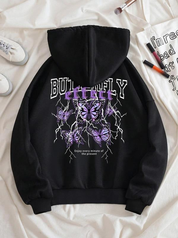 Butterfly & Letter Print Zip Up Drawstring Casual Comfy Pocket Hooded Jacket Daily Clothes Fall & Winter T-Shirts, Hoodie, Sweatshirt - T-Shirt, Sweatshirt, Hoodie