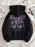 Butterfly & Letter Print Zip Up Drawstring Casual Comfy Pocket Hooded Jacket Daily Clothes Fall & Winter T-Shirts, Hoodie, Sweatshirt - T-Shirt, Sweatshirt, Hoodie