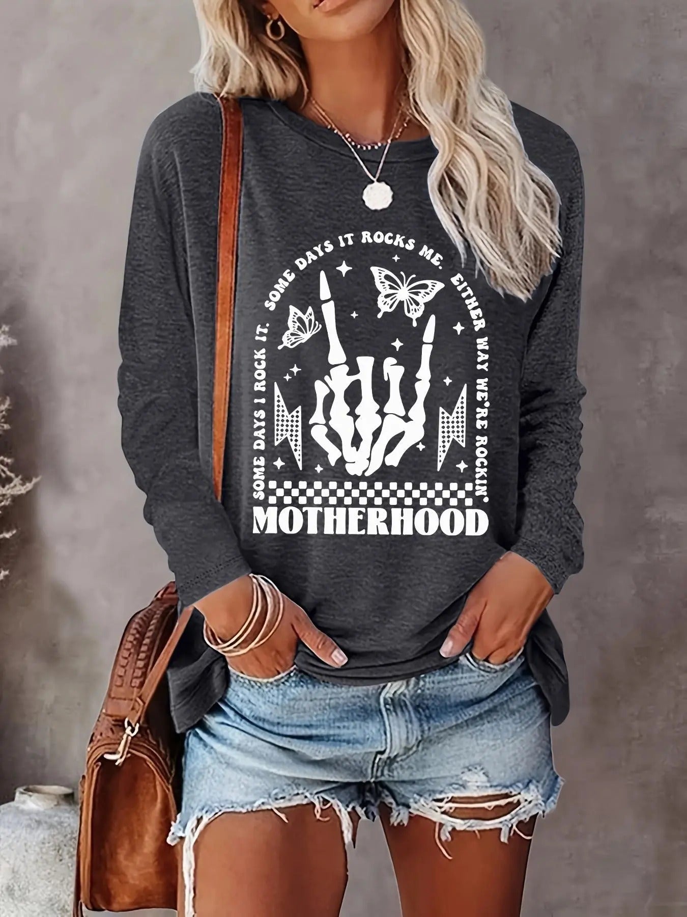 Butterfly & Skeleton Hand Print Drop Shoulder Long Sleeve Crew Neck Daily Vacation Outdoor Tops Spring & Fall T-Shirts, Hoodie, Sweatshirt - T-Shirt, Sweatshirt, Hoodie