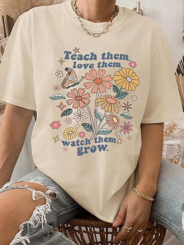 Butterfly Letter Floral Print Round Neck Vintage Casual Short Sleeve Daily All Seasons T-Shirts, Hoodie, Sweatshirt - T-Shirt, Sweatshirt, Hoodie