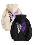 Butterfly Print Drawstring Pocket Drop Shoulder Casual Hooded Daily Outdoor Clothes Fall & Winter T-Shirts, Hoodie, Sweatshirt - T-Shirt, Sweatshirt, Hoodie