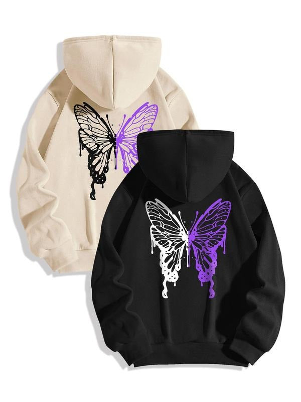 Butterfly Print Drawstring Pocket Drop Shoulder Casual Hooded Daily Outdoor Clothes Fall & Winter T-Shirts, Hoodie, Sweatshirt - T-Shirt, Sweatshirt, Hoodie