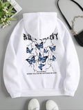 Butterfly Print Drawstring Pocket Thermal Lined Casual Hooded Daily Outdoor Fall & Winter T-Shirts, Hoodie, Sweatshirt - T-Shirt, Sweatshirt, Hoodie