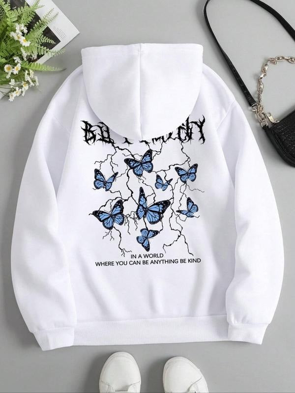 Butterfly Print Drawstring Pocket Thermal Lined Casual Hooded Daily Outdoor Fall & Winter T-Shirts, Hoodie, Sweatshirt - T-Shirt, Sweatshirt, Hoodie