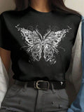 Butterfly Print Round Neck Casual Crew Neck Short Sleeve Daily Vacation Outdoor Clothes Summer T-Shirts, Hoodie, Sweatshirt - T-Shirt, Sweatshirt, Hoodie