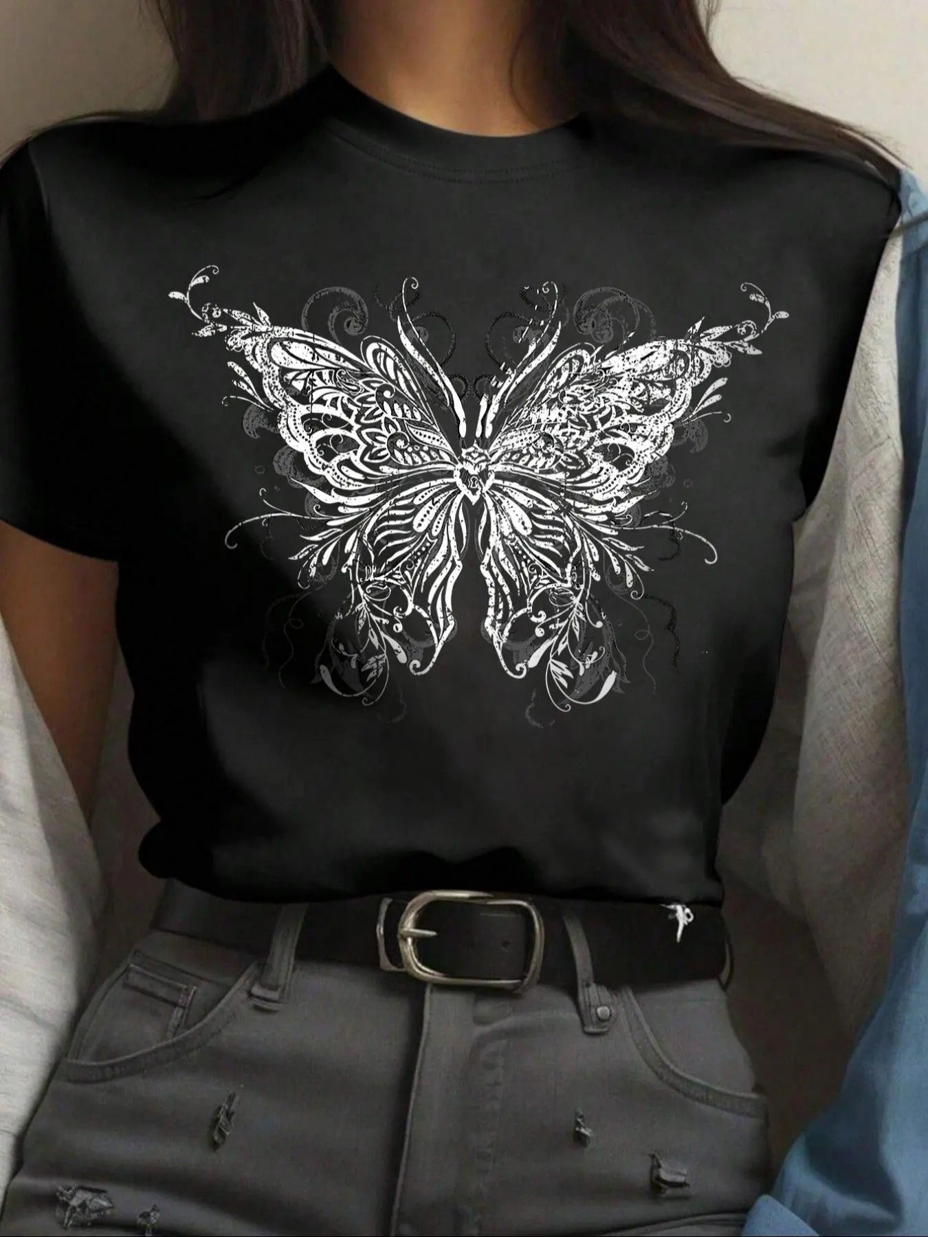 Butterfly Print Round Neck Casual Crew Neck Short Sleeve Daily Vacation Outdoor Clothes Summer T-Shirts, Hoodie, Sweatshirt - T-Shirt, Sweatshirt, Hoodie