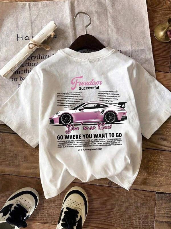 Car & Letter Print Round Neck Casual Short Sleeve Crew Neck Daily Clothes All Seasons T-Shirts, Hoodie, Sweatshirt - T-Shirt, Sweatshirt, Hoodie