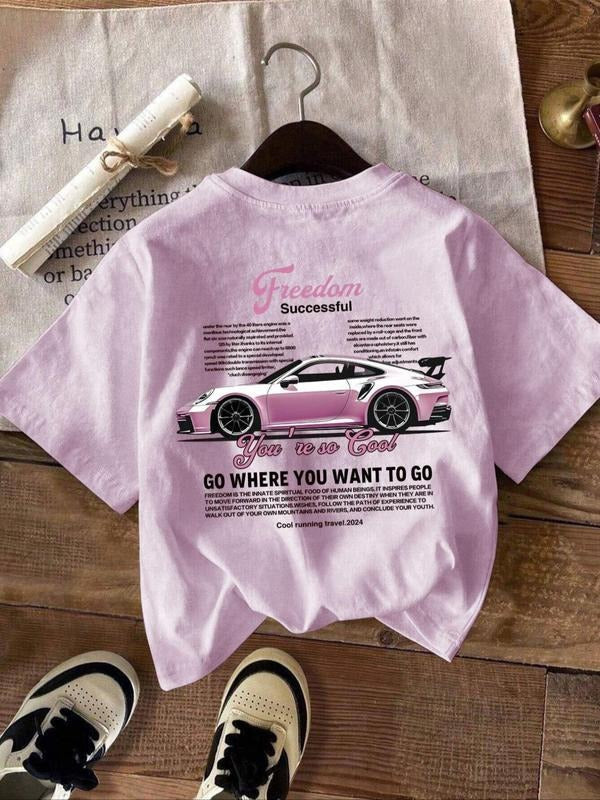 Car & Letter Print Round Neck Casual Short Sleeve Crew Neck Summer Top Daily Wearstyle{N002}2 T-Shirts, Hoodie, Sweatshirt - T-Shirt, Sweatshirt, Hoodie