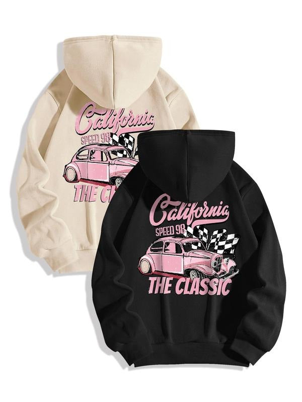 Car Print Drawstring Pocket Drop Shoulder Casual Letter Hooded Daily Outdoor Clothes Fall & Winter T-Shirts, Hoodie, Sweatshirt - T-Shirt, Sweatshirt, Hoodie