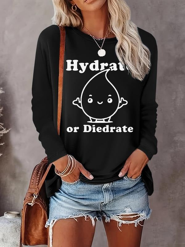 Cartoon & Letter Print Round Neck Casual Long Sleeve Crew Neck Top Fall & Winter Clothes Daily T-Shirts, Hoodie, Sweatshirt - T-Shirt, Sweatshirt, Hoodie
