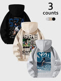 Cartoon & Letter Print Thermal Lined Casual Long Sleeve Hooded Spring Clothes Daily T-Shirts, Hoodie, Sweatshirt - T-Shirt, Sweatshirt, Hoodie