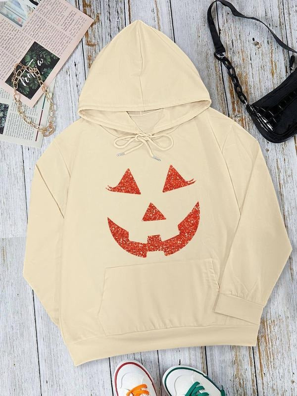 Cartoon Print Drawstring Pocket Casual Drop Shoulder Long Sleeve Hooded Lady Fall & Winter Clothes Daily T-Shirts, Hoodie, Sweatshirt - T-Shirt, Sweatshirt, Hoodie