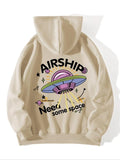 Cartoon Airship & Letter Print Drop Shoulder Casual Drawstring Pocket Hooded Daily Outdoor Clothes Spring & Fall T-Shirts, Hoodie, Sweatshirt - T-Shirt, Sweatshirt, Hoodie