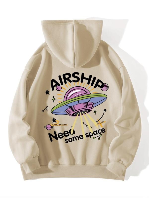 Cartoon Airship & Letter Print Drop Shoulder Casual Drawstring Pocket Hooded Daily Outdoor Clothes Spring & Fall T-Shirts, Hoodie, Sweatshirt - T-Shirt, Sweatshirt, Hoodie