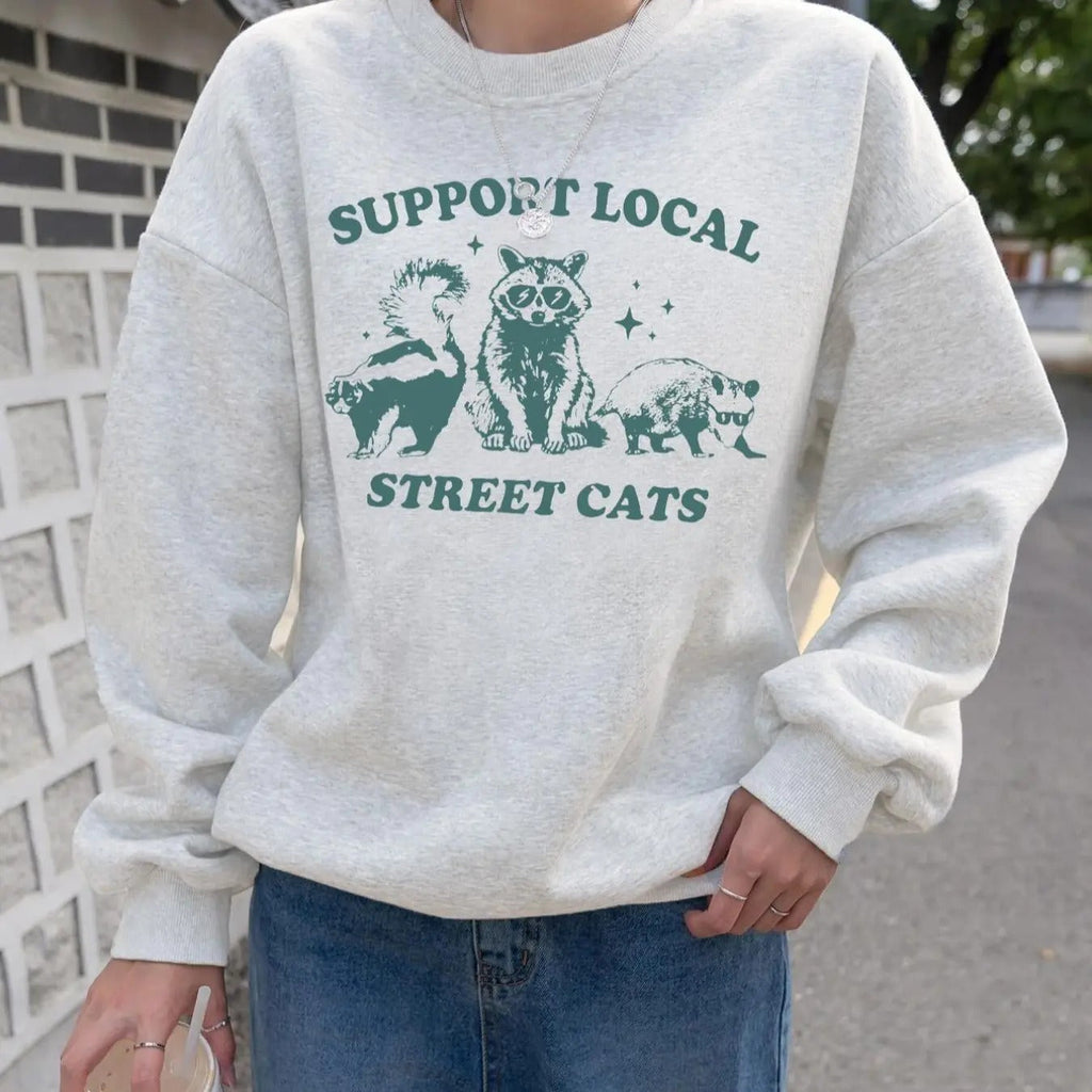 Cartoon Animal & Letter Print Drop Shoulder Casual Long Sleeve Round Neck Fall & Winter Clothes Daily T-Shirts, Hoodie, Sweatshirt - T-Shirt, Sweatshirt, Hoodie