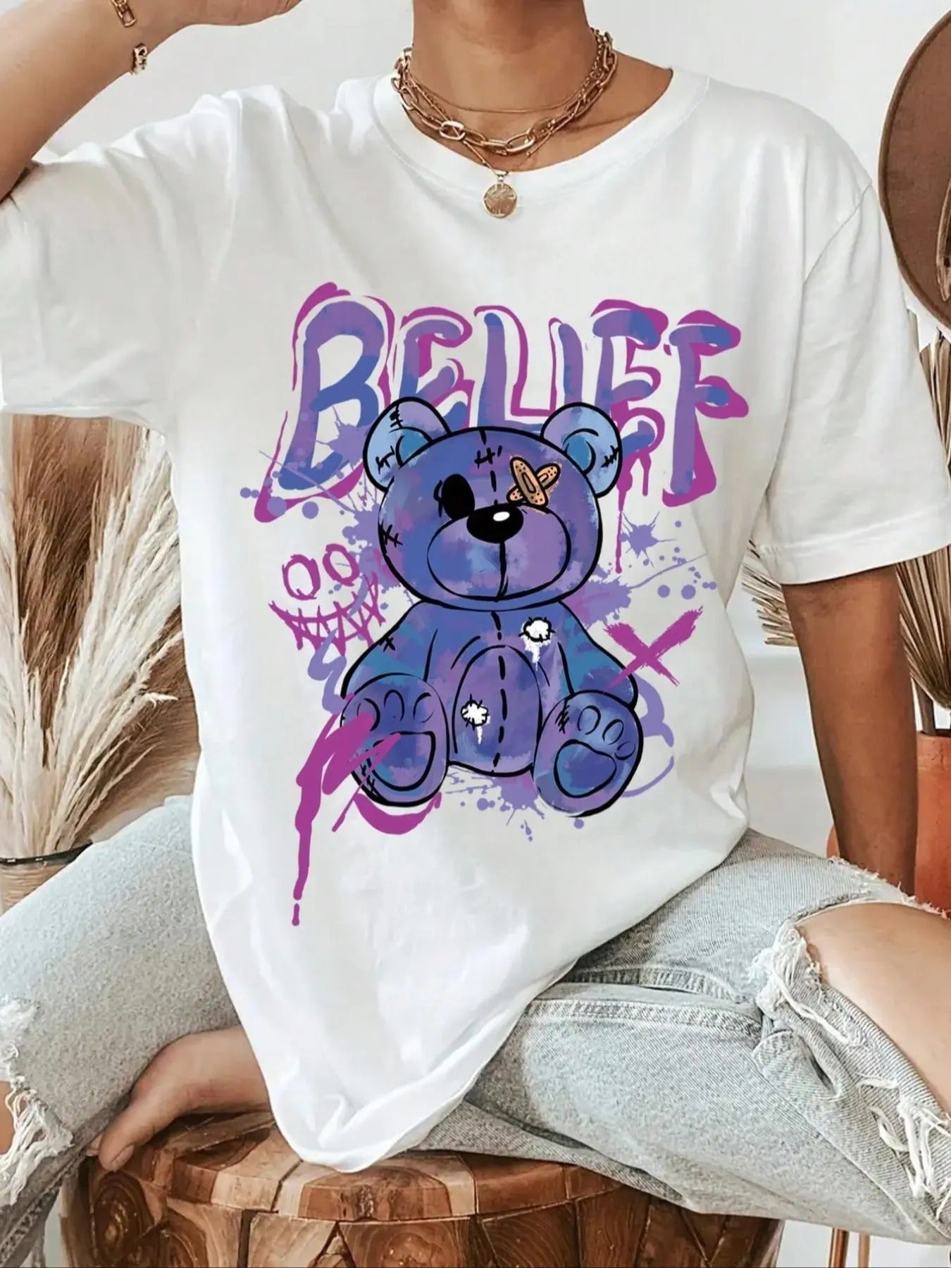 Cartoon Bear & Letter Print Drop Shoulder Casual Crew Neck Daily Vacation Outdoor Clothes Summer T-Shirts, Hoodie, Sweatshirt - T-Shirt, Sweatshirt, Hoodie