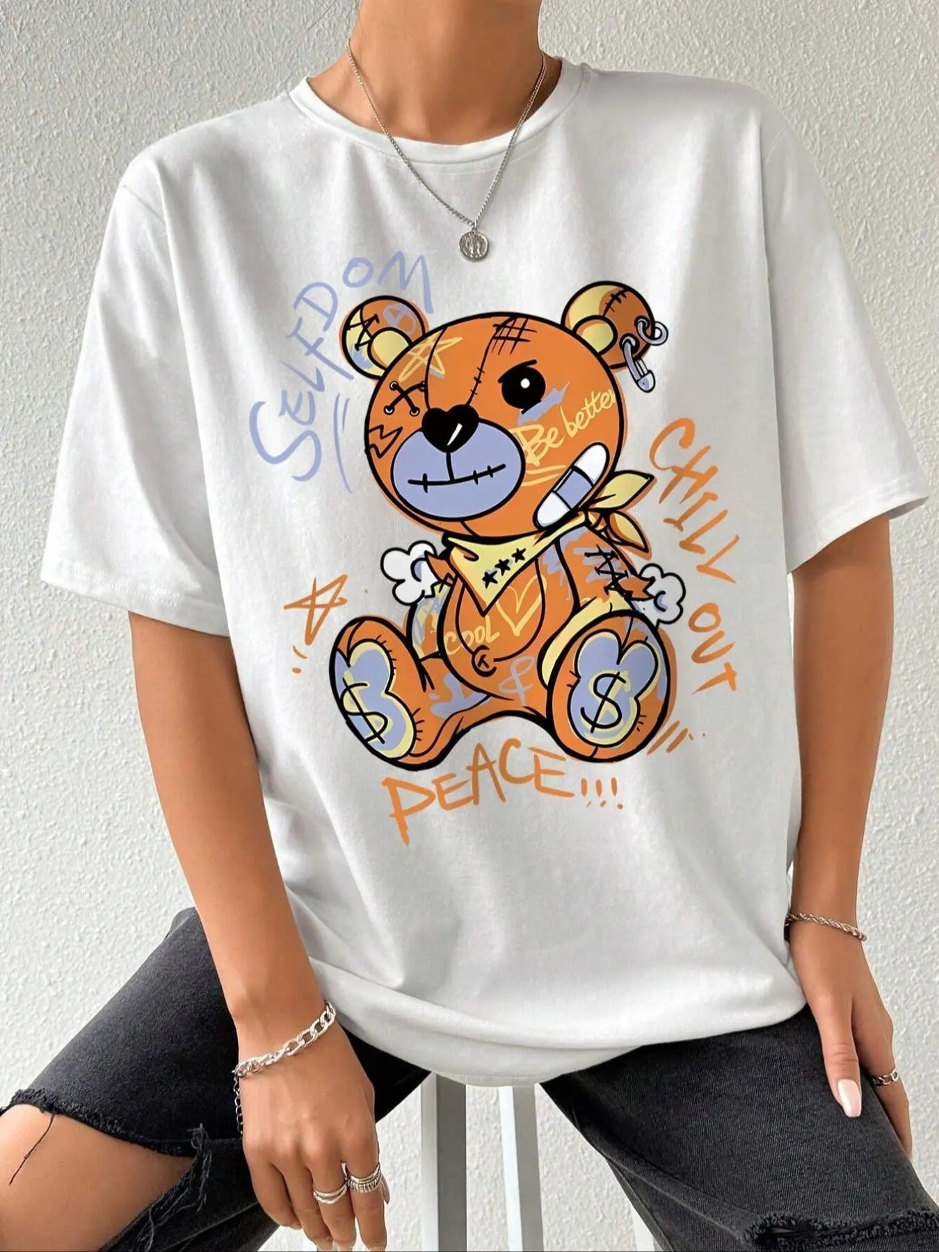 Cartoon Bear & Letter Print Round Neck Casual Half Sleeve Daily Summer Clothes T-Shirts, Hoodie, Sweatshirt - T-Shirt, Sweatshirt, Hoodie