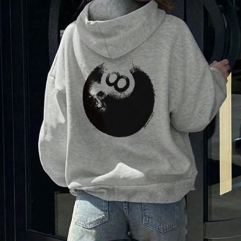 Cartoon Billiards Print Drop Shoulder Casual Drawstring Pocket Hooded Daily Outdoor Fall & Winter T-Shirts, Hoodie, Sweatshirt - T-Shirt, Sweatshirt, Hoodie