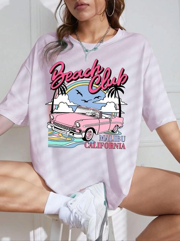 Cartoon Car & Letter Drop Shoulder Casual Round Neck Half Sleeve Summer Clothes Daily T-Shirts, Hoodie, Sweatshirt - T-Shirt, Sweatshirt, Hoodie