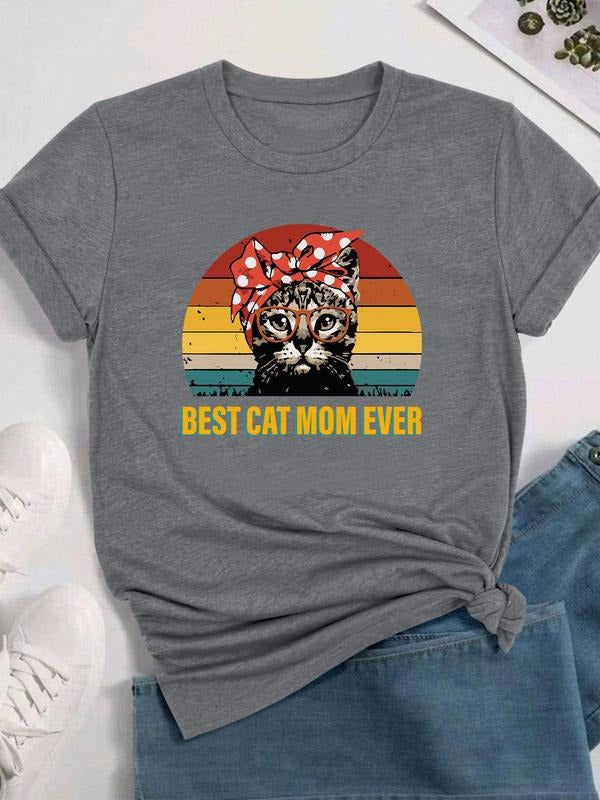 Cartoon Cat & Letter Print Round Neck Casual Crew Neck Daily Vacation Outdoor Clothes All Seasons T-Shirts, Hoodie, Sweatshirt - T-Shirt, Sweatshirt, Hoodie