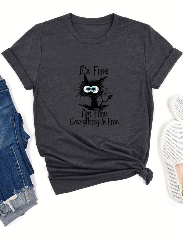 Cartoon Cat & Letter Print Summer Clothes Casual Round Neck Fitted Lady Summer Top Street Womenswear T-Shirts, Hoodie, Sweatshirt - T-Shirt, Sweatshirt, Hoodie