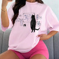 Cartoon Cat Print Drop Shoulder Casual Half Sleeve Round Neck Vintage Summer Clothes Shirt T-Shirts, Hoodie, Sweatshirt - T-Shirt, Sweatshirt, Hoodie