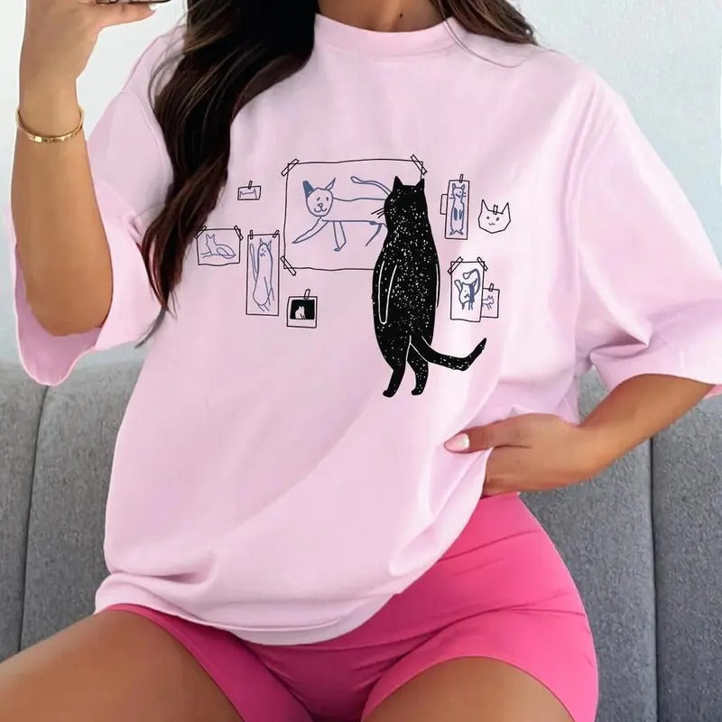 Cartoon Cat Print Drop Shoulder Casual Half Sleeve Round Neck Vintage Summer Clothes Shirt T-Shirts, Hoodie, Sweatshirt - T-Shirt, Sweatshirt, Hoodie