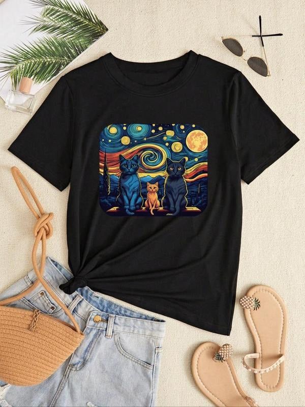 Cartoon Cat Print Round Neck Summer Clothes Casual Short Sleeve Daily Outdoor Summer Clothes T-Shirts, Hoodie, Sweatshirt - T-Shirt, Sweatshirt, Hoodie