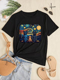 Cartoon Cat Print Round Neck Summer Clothes Casual Short Sleeve Daily Outdoor Summer Clothes T-Shirts, Hoodie, Sweatshirt - T-Shirt, Sweatshirt, Hoodie