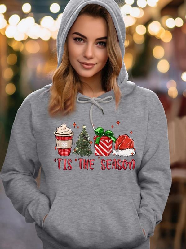 Cartoon & Letter Print Drop Shoulder Long Sleeve Casual Drawstring Pocket Hooded Daily Outdoor Fall & Winter T-Shirts, Hoodie, Sweatshirt - T-Shirt, Sweatshirt, Hoodie