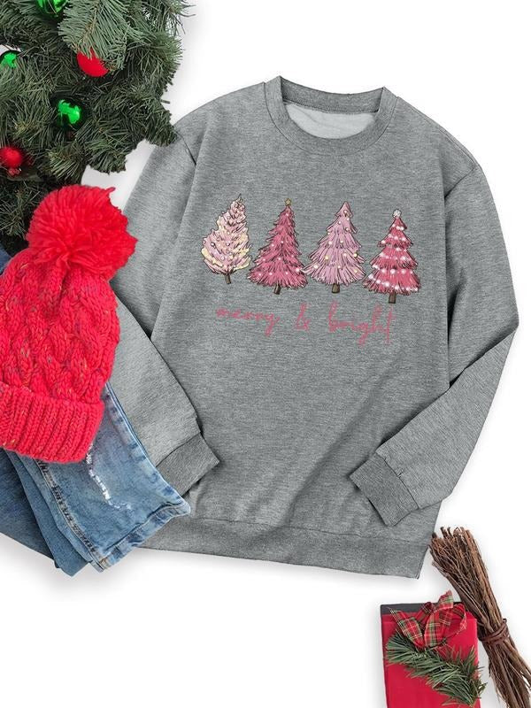 Cartoon Tree Print Drop Shoulder Casual Long Sleeve Round Neck Fall & Winter Clothes Daily T-Shirts, Hoodie, Sweatshirt - T-Shirt, Sweatshirt, Hoodie