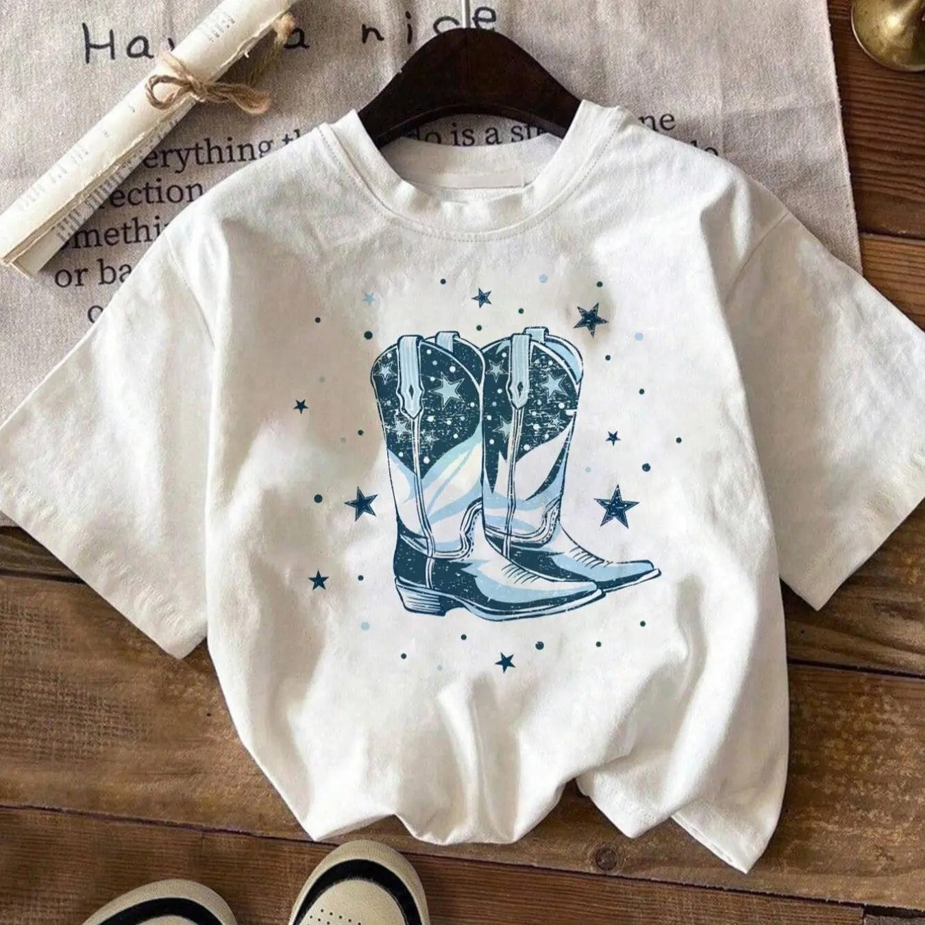 Cartoon Cowboy Boots Print Round Neck Casual Drop Shoulder Short Sleeve Summer Clothes Daily T-Shirts, Hoodie, Sweatshirt - T-Shirt, Sweatshirt, Hoodie