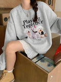 Cartoon Dog & Letter Print Drop Shoulder Casual Long Sleeve Round Neck Fall & Winter Clothes Daily T-Shirts, Hoodie, Sweatshirt - T-Shirt, Sweatshirt, Hoodie
