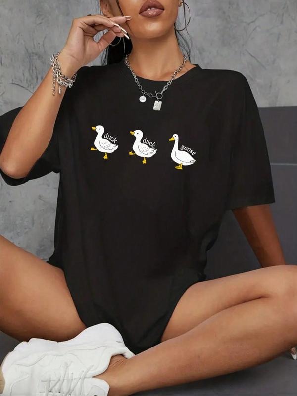 Cartoon Duck Print Drop Shoulder Casual Half Sleeve Round Neck Summer Top Daily T-Shirts, Hoodie, Sweatshirt - T-Shirt, Sweatshirt, Hoodie