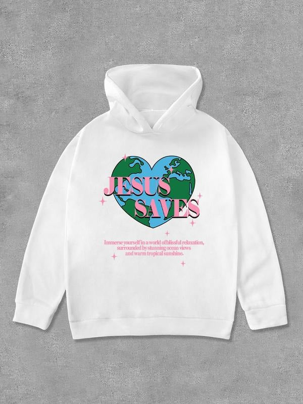 Cartoon Earth & Letter Print Casual Long Sleeve Hooded Daily Outdoor Fall & Winter T-Shirts, Hoodie, Sweatshirt - T-Shirt, Sweatshirt, Hoodie