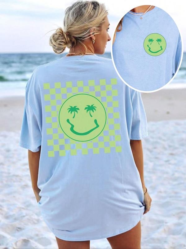 Cartoon Face Checkerboard Print Round Neck Vintage Casual Drop Shoulder Half Sleeve Daily Summer T-Shirts, Hoodie, Sweatshirt - T-Shirt, Sweatshirt, Hoodie